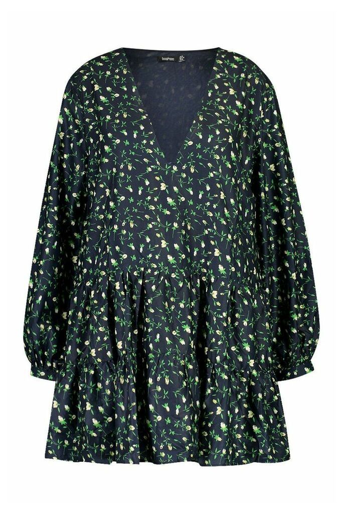 Womens Plus Ditsy Floral V-Neck Tiered Smock Dress - navy - 16, Navy