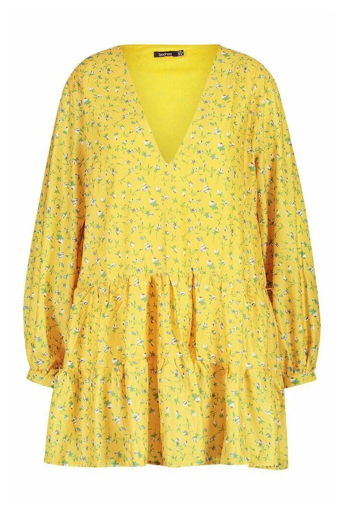 Womens Plus Ditsy Floral V-Neck Tiered Smock Dress - Yellow - 16, Yellow
