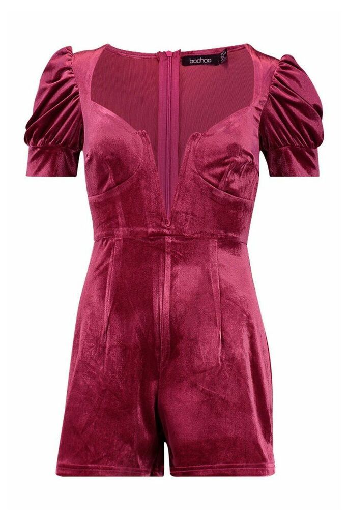 Womens Deep Plunge Velvet puff Sleeve Playsuit - pink - 16, Pink
