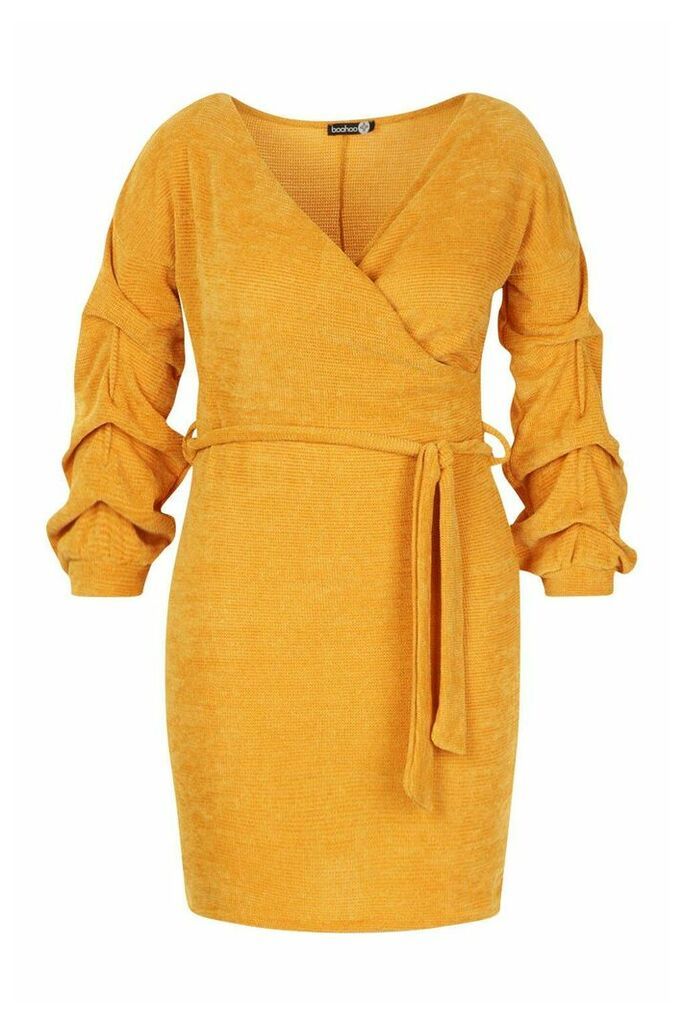 Womens Plus Knitted Ruched Sleeve Wrap Dress - yellow - 20, Yellow