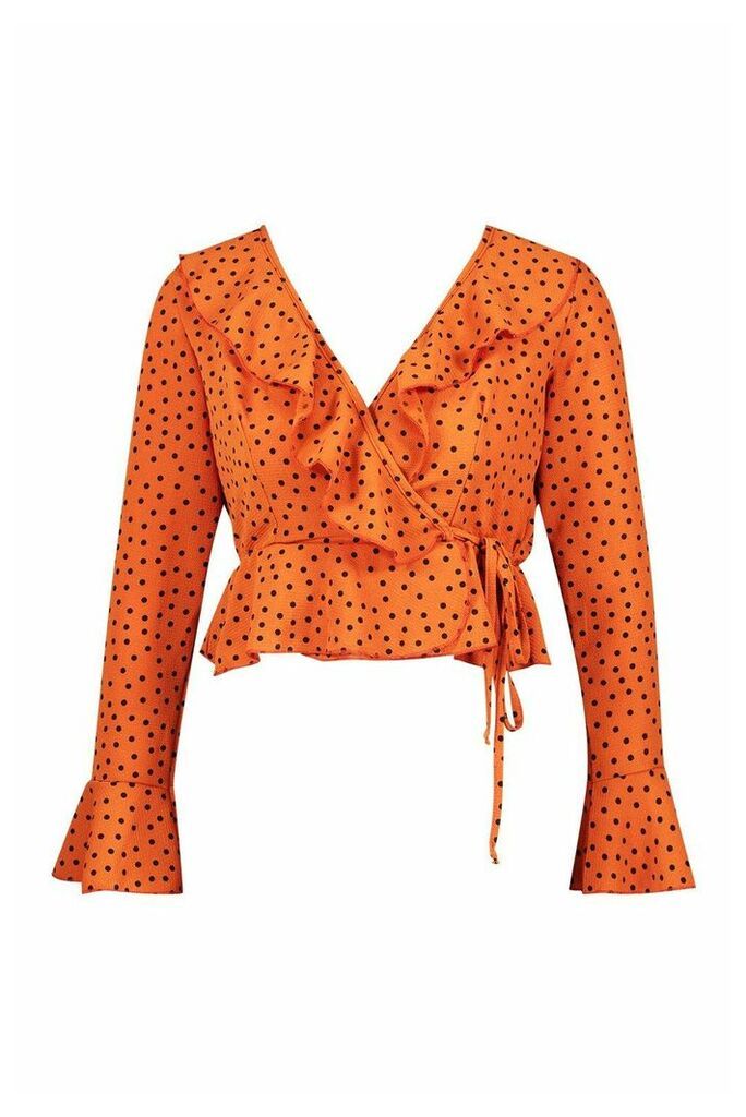 Womens Petite Polka Dot Ruffle Wrap Top - Orange - 10, Orange