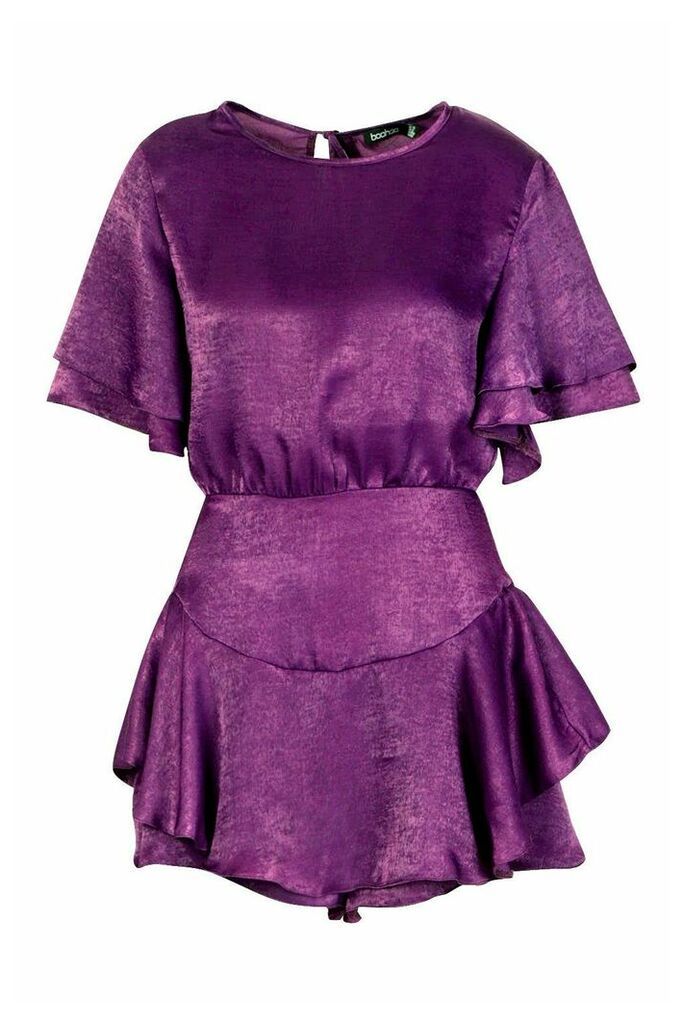 Womens Velvet Satin Ruffle Layer Dress Playsuit - Purple - 14, Purple