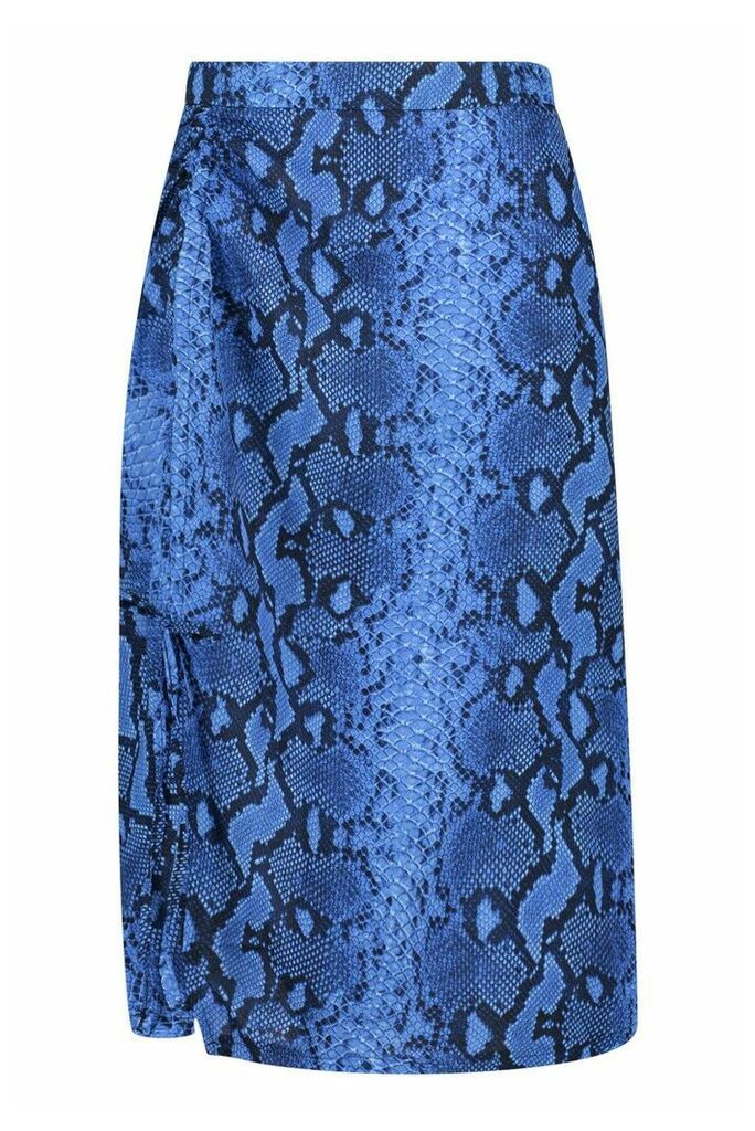 Womens Woven Snake Print Ruched Midi Skirt - blue - 12, Blue