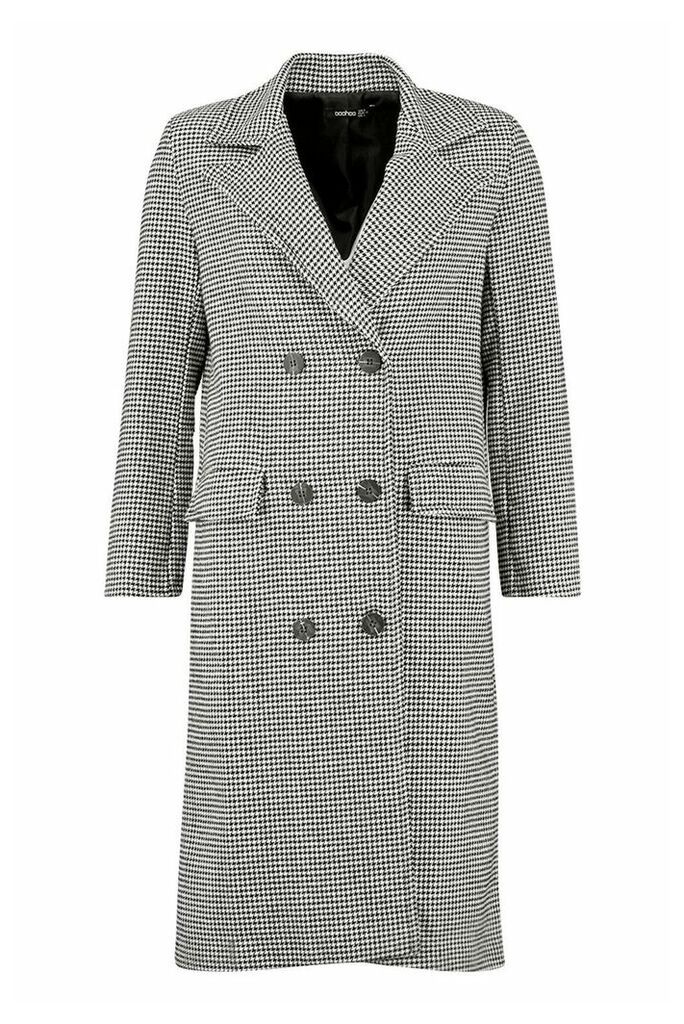 Womens Petite Dogtooth Double Breasted Longline Coat - black - 10, Black