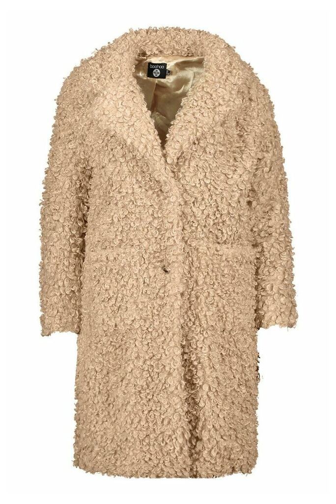 Womens Plus Teddy Faux Fur Longline Coat - Beige - 18, Beige