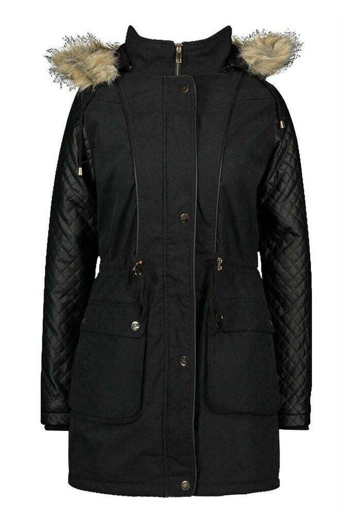 Womens Quilted Leather Look PU Sleeve Parka - black - 10, Black