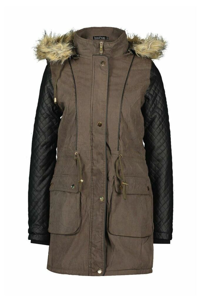 Womens Quilted Leather Look PU Sleeve Parka - green - 14, Green