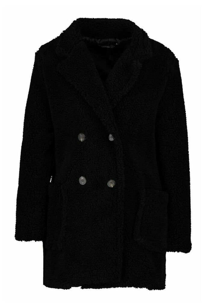 Womens Petite Double Breasted Teddy Coat - Black - 12, Black
