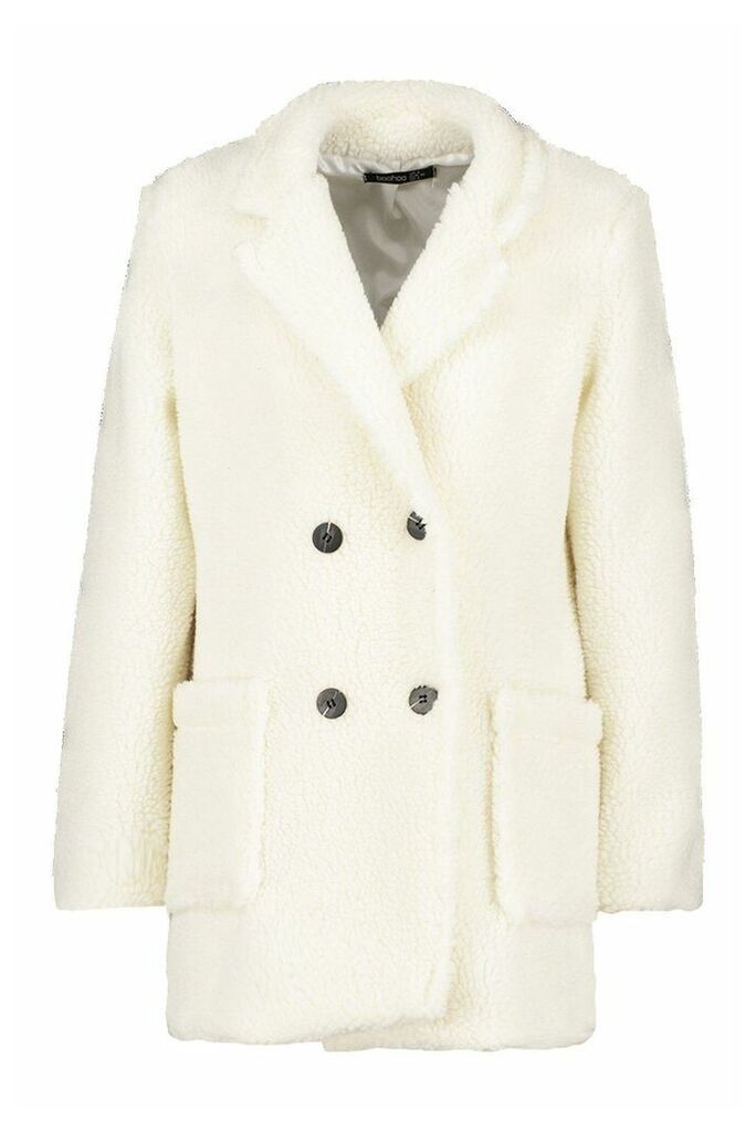 Womens Petite Double Breasted Teddy Coat - White - 14, White