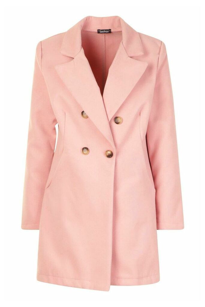 Womens Double Breasted Back Detail Wool Look Coat - Pink - 8, Pink