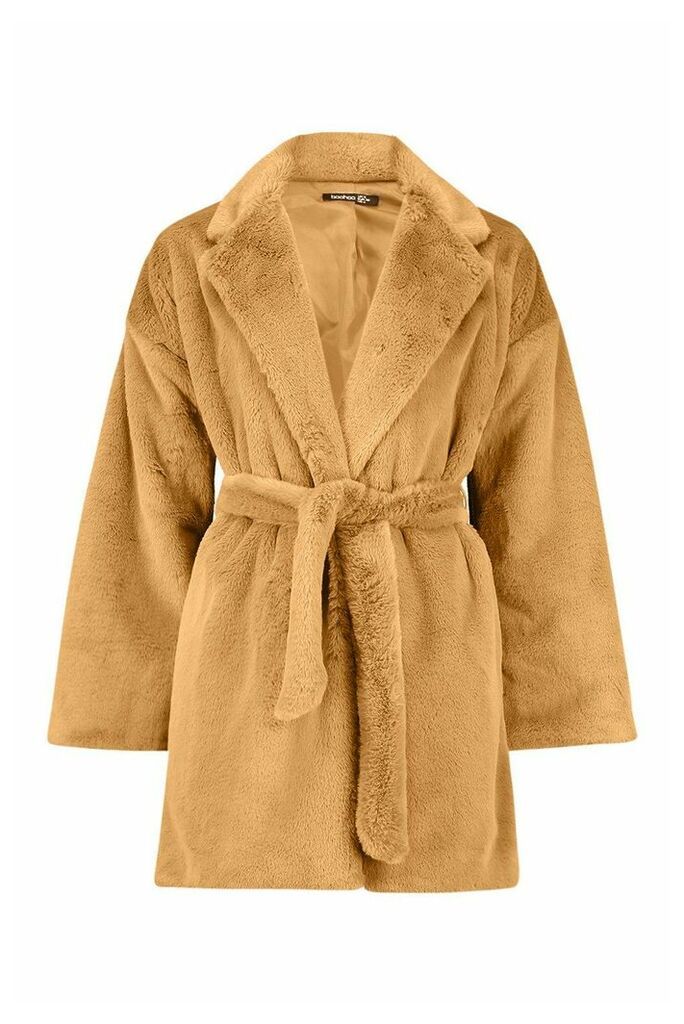 Womens Faux Fur Belted dressing gown Coat - beige - 14, Beige