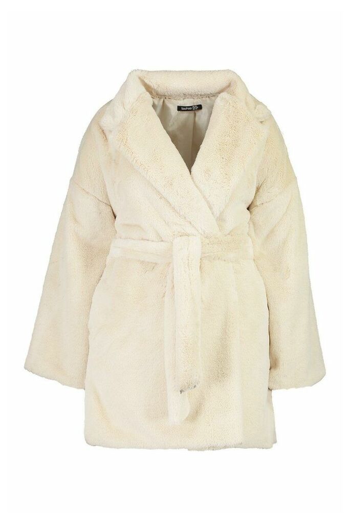 Womens Plus Belted Faux Fur dressing gown Coat - beige - 16, Beige