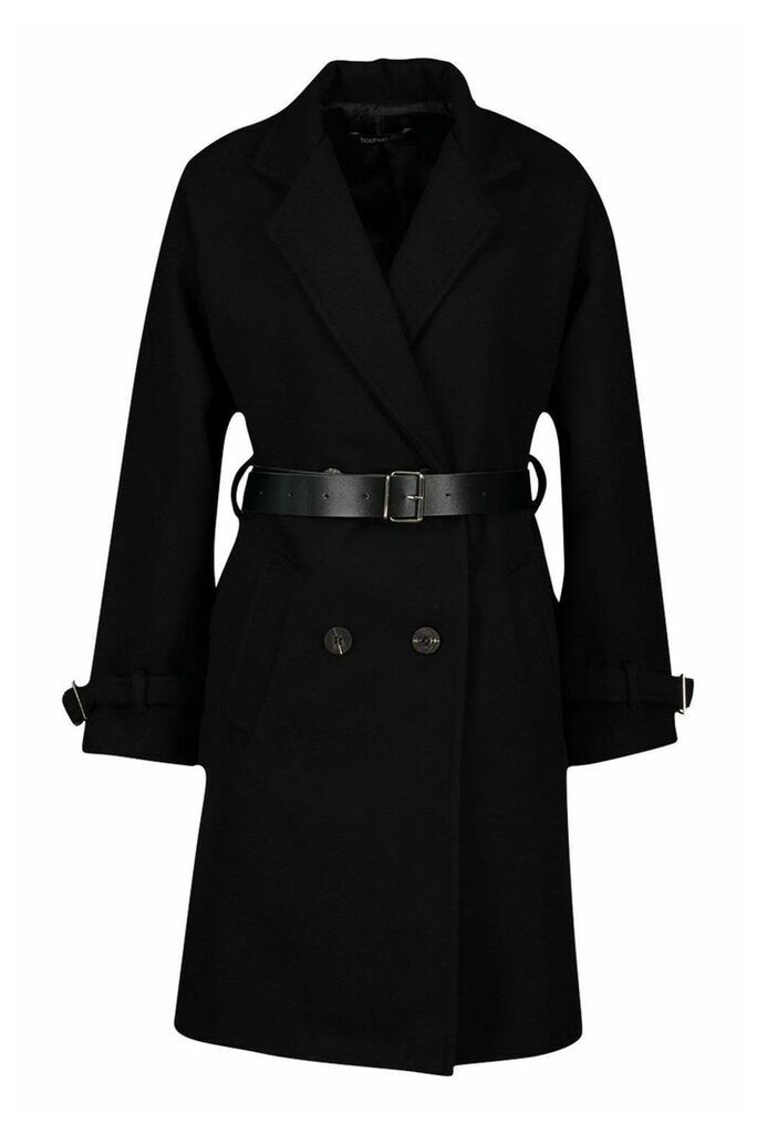 Womens Petite Belted Wool Look Trench Coat - Black - 10, Black