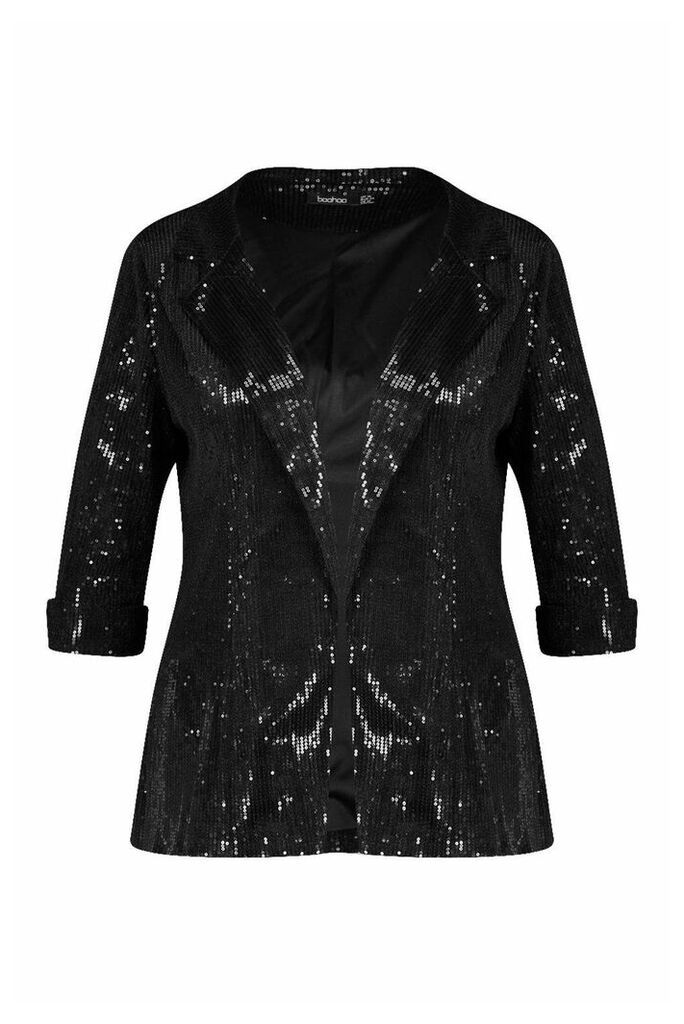Womens Plus Sequin Velvet Oversized Blazer - black - 18, Black