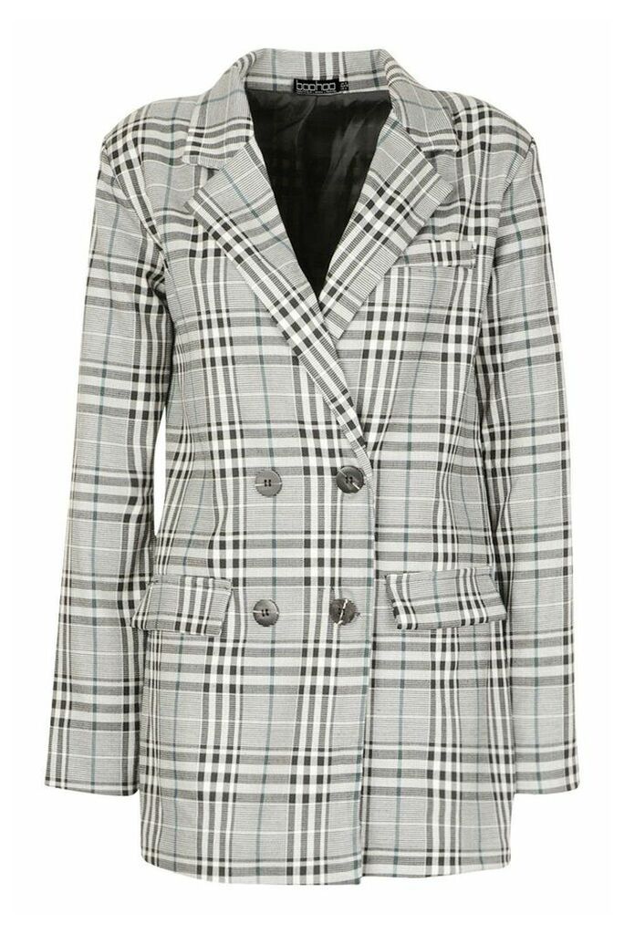Womens Double Breasted Check Blazer - grey - L, Grey