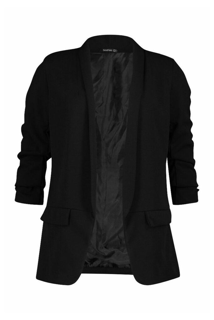 Womens Petite Ruched Sleeve Blazer - black - 10, Black
