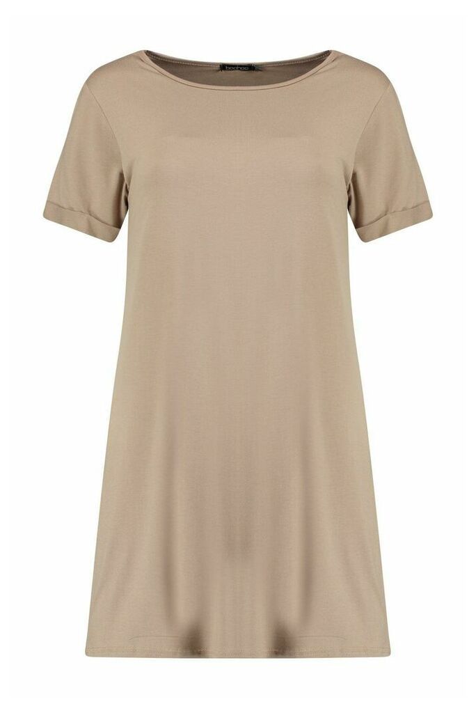 Womens Turn Back Cuff T-Shirt Dress - Beige - 8, Beige