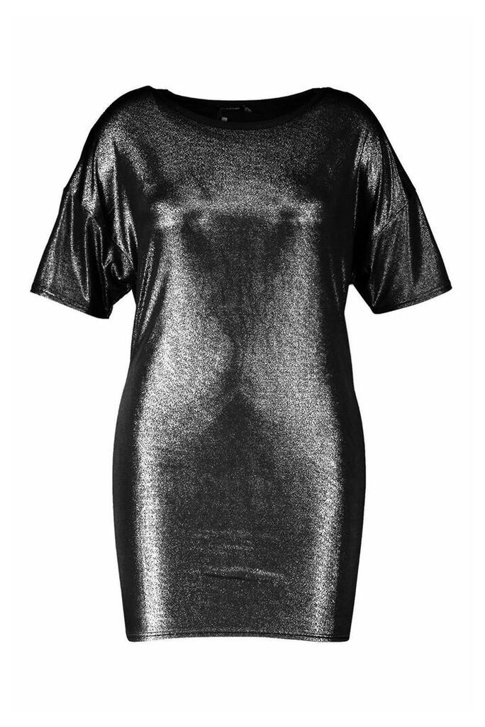 Womens Plus Metallic Oversized T-Shirt Dress - grey - 16, Grey