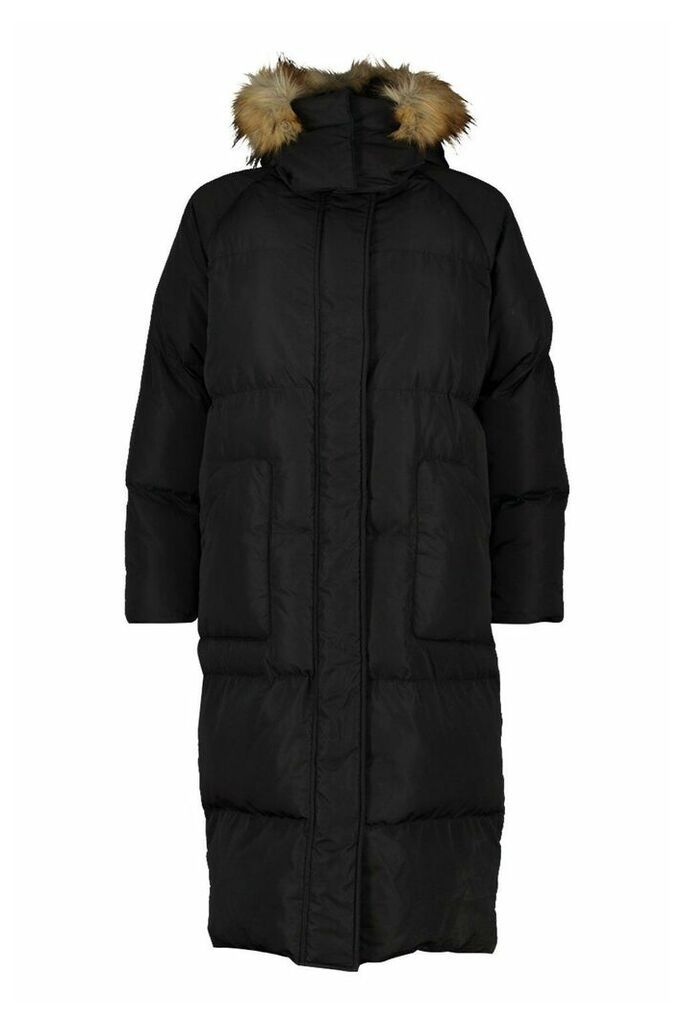 Womens Tall Faux Fur Hood Longline Padded Coat - black - 16, Black