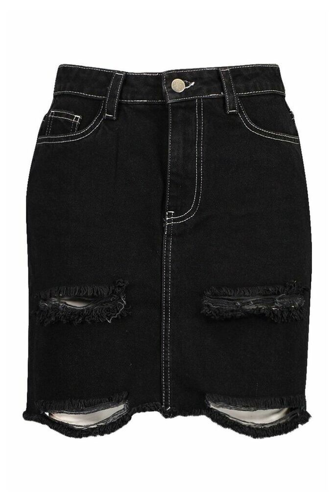 Womens Contrast Stitch Distressed Denim Mini Skirt - black - 12, Black