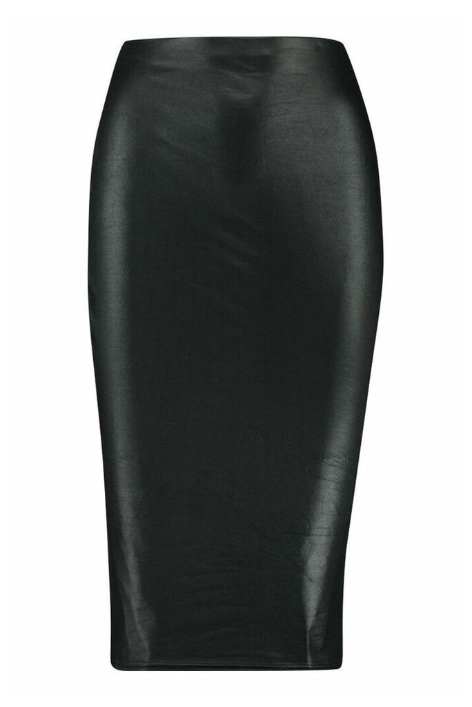 Womens Wet Look Midi Skirt - Black - 16, Black