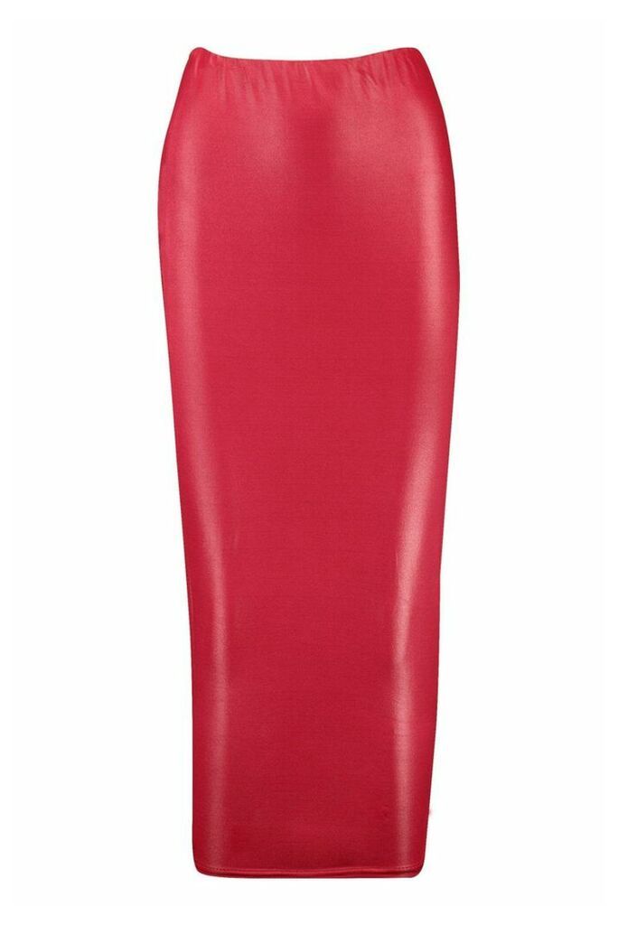 Womens Wet Look Midaxi Skirt - Red - 16, Red
