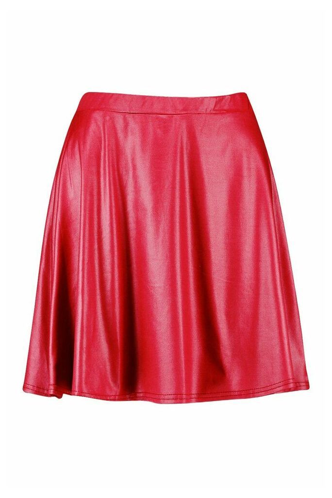 Womens Wet Look Skater Skirt - Red - 12, Red