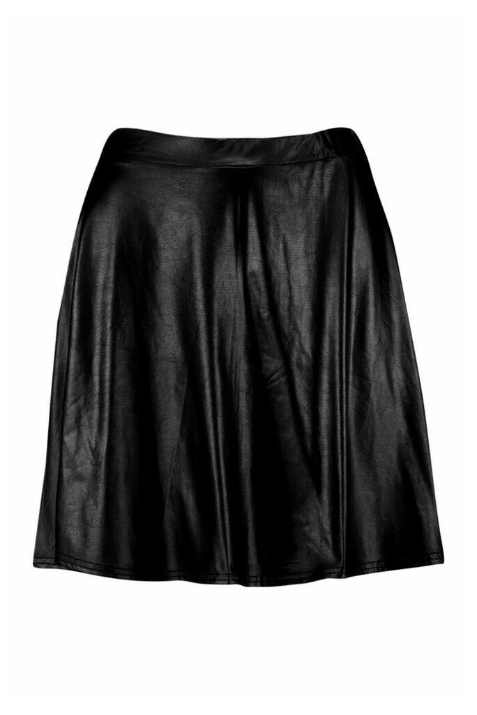 Womens Wet Look Skater Skirt - Black - 12, Black