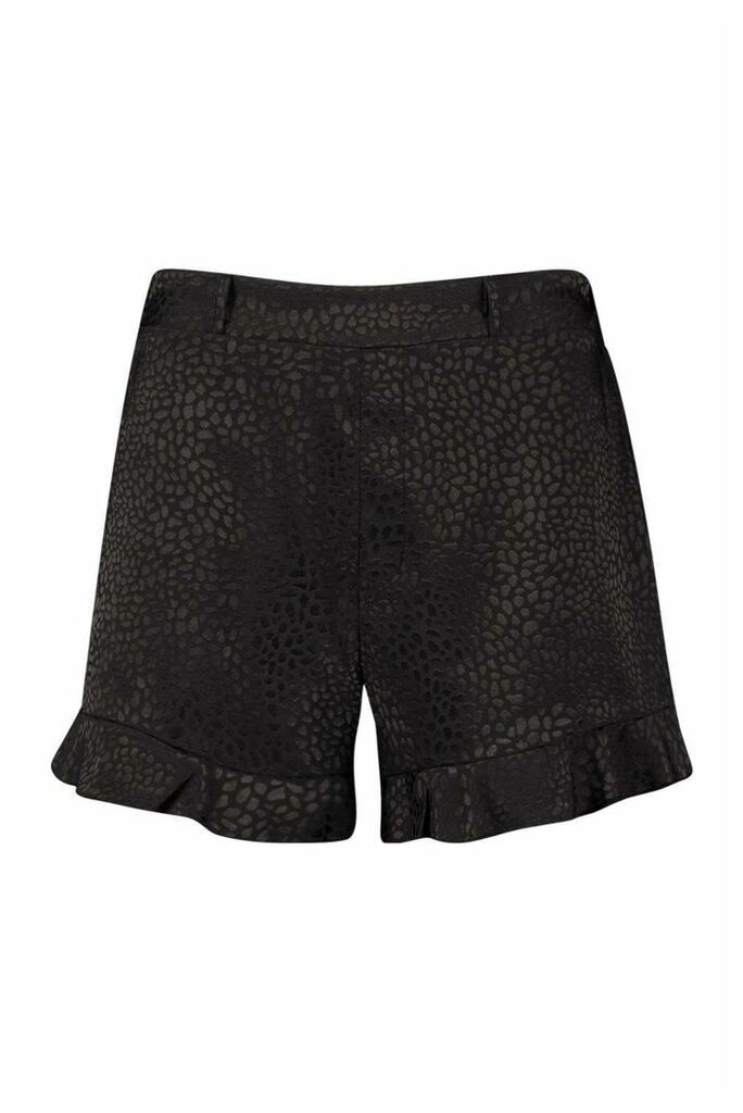 Womens Satin Jacquard Frill Shorts - Black - 14, Black