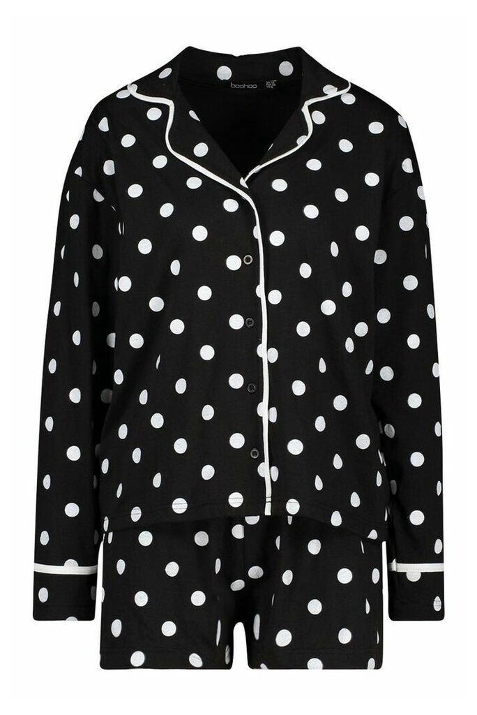 Womens Polka Dot Button Through PJ Short Set - black - 16, Black