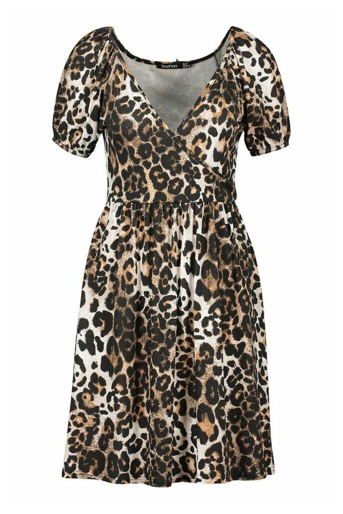 Womens Leopard Puff Sleeve Wrap Front Skater Dress - Brown - 10, Brown