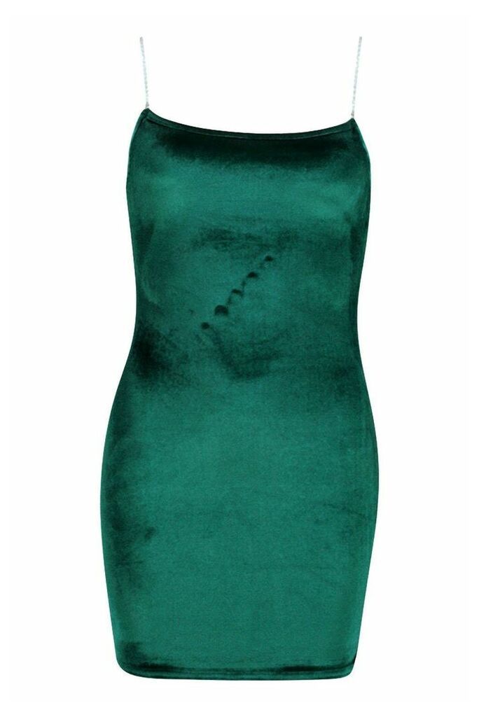 Womens Petite Diamante Strap Velvet Mini Dress - green - 8, Green
