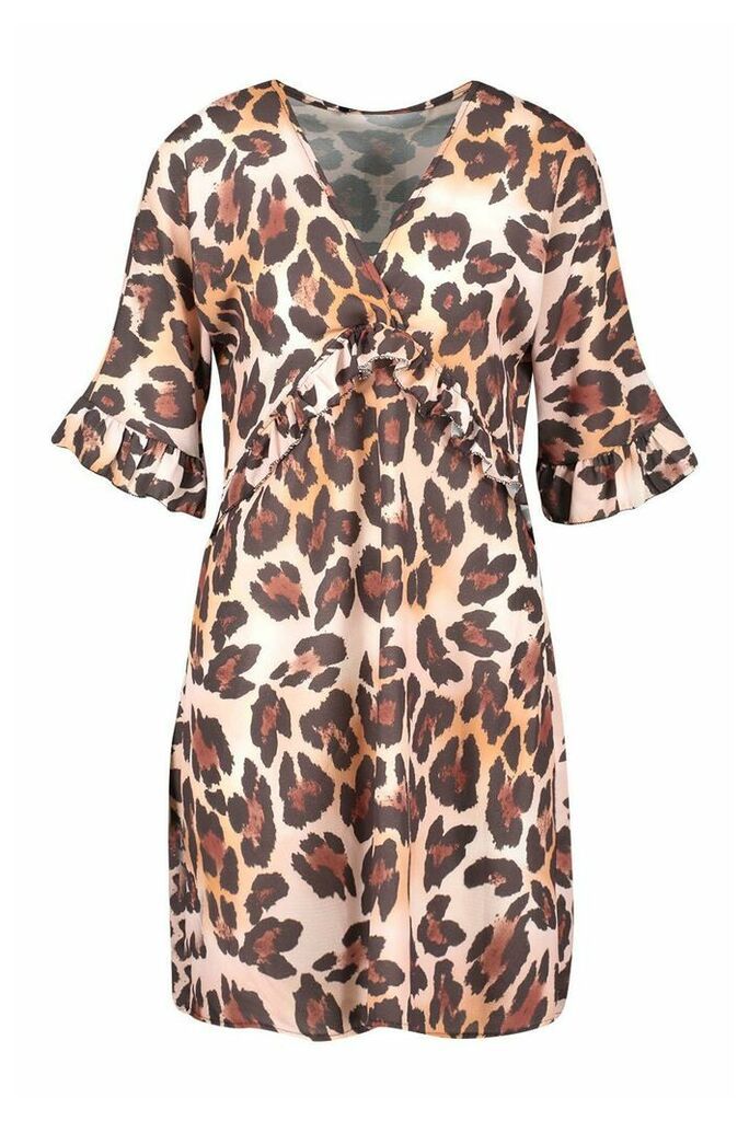 Womens Leopard Print Ruffle Smock Dress - Brown - 12, Brown