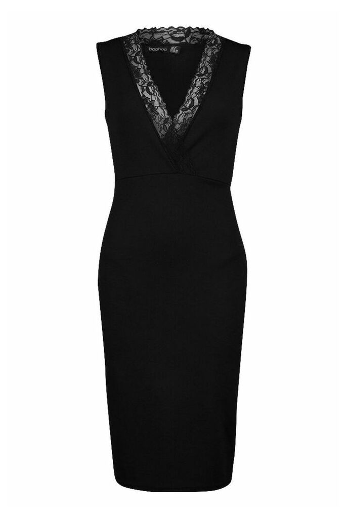Womens Lace Detail Plunge Midi Dress - black - 10, Black