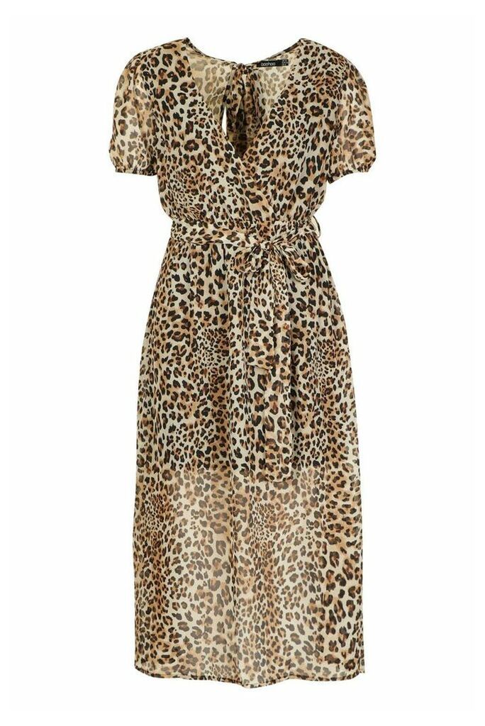 Womens Leopard Print Open Back Tie Waist Midaxi Dress - Multi - 8, Multi