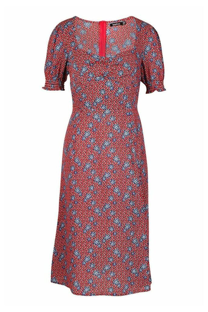Womens Floral Geo Print Sweetheart Neck Midi Dress - red - 14, Red