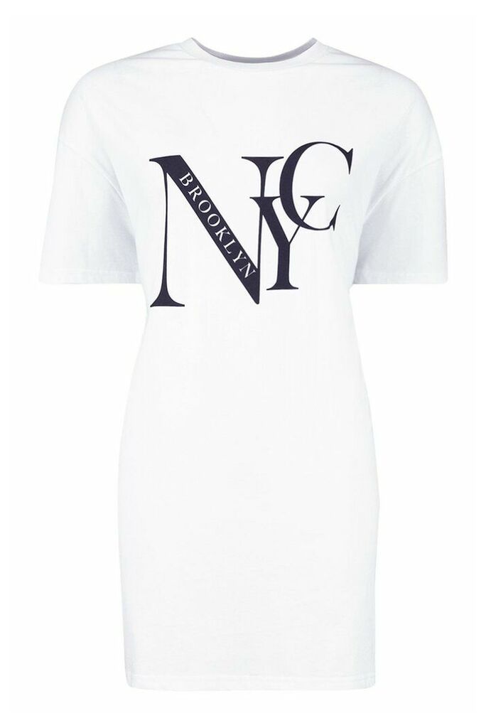Womens Nyc Brooklyn Printed T-Shirt Dress - White - S, White