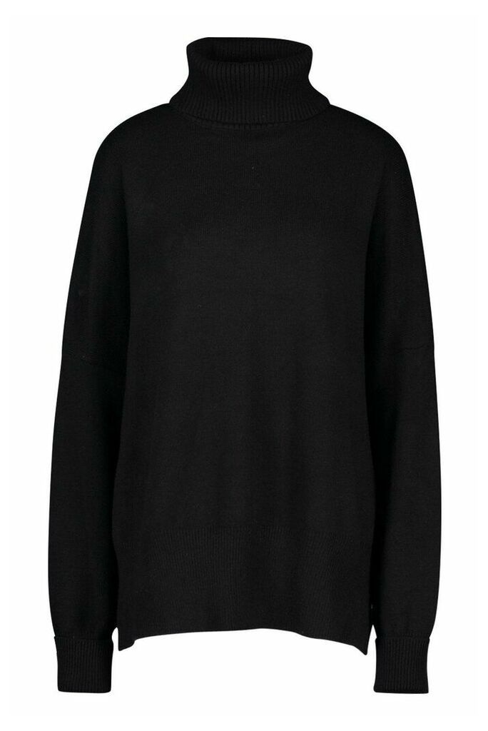 Womens Oversized Balloon Sleeve roll/polo neck Knitted Jumper - black - S/M, Black