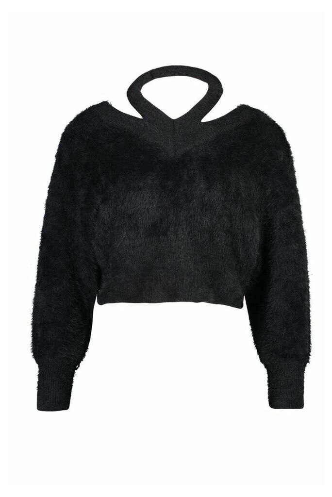 Womens Cut Out Shoulder Fluffy Knit Jumper - black - L, Black
