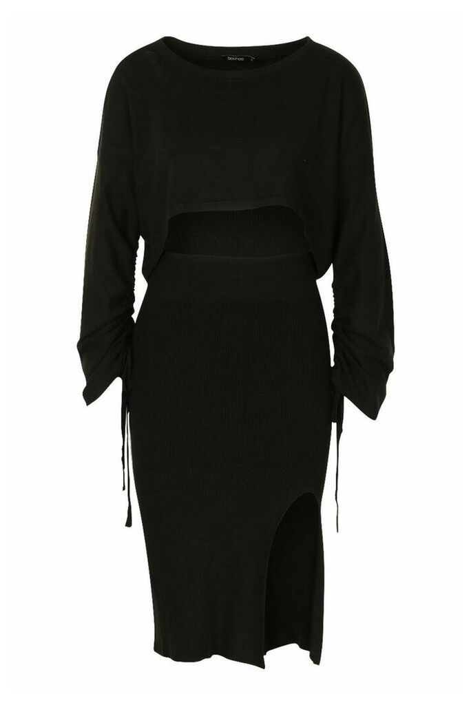 Womens Ruched Sleeve Column Skirt Co -Ord - Black - M, Black