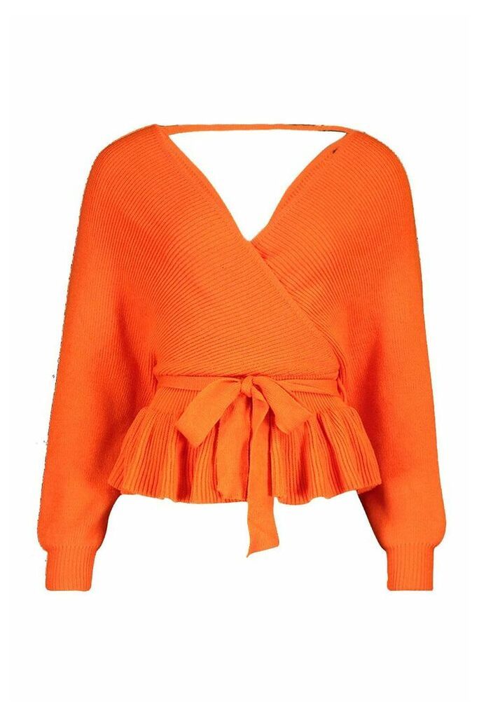 Womens Petite Wrap Tie Waist Peplum Knitted Jumper - Orange - 14, Orange