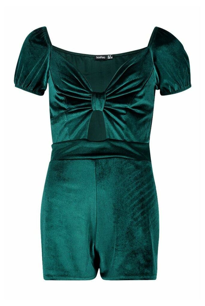Womens Velvet Bow Front Puff Sleeve Playsuit - green - 14, Green