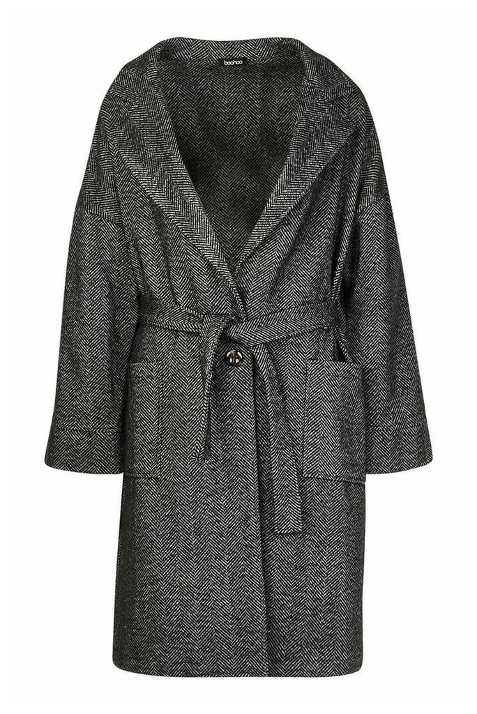 Womens Herringbone Belted Wool Look Coat - grey - 10, Grey