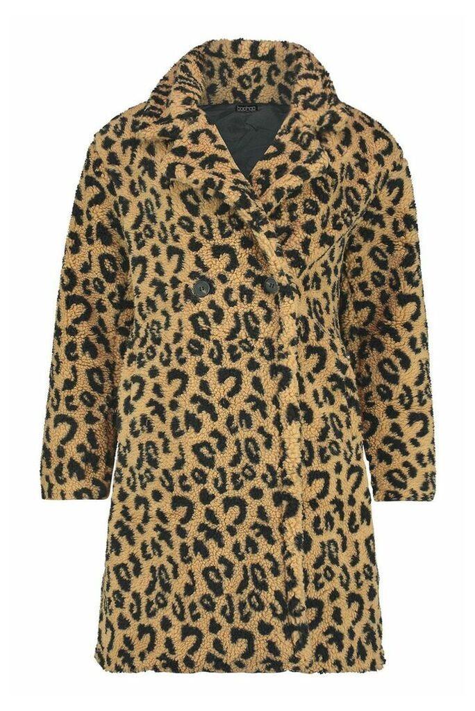 Womens Leopard Printed Teddy Fur Coat - beige - M, Beige