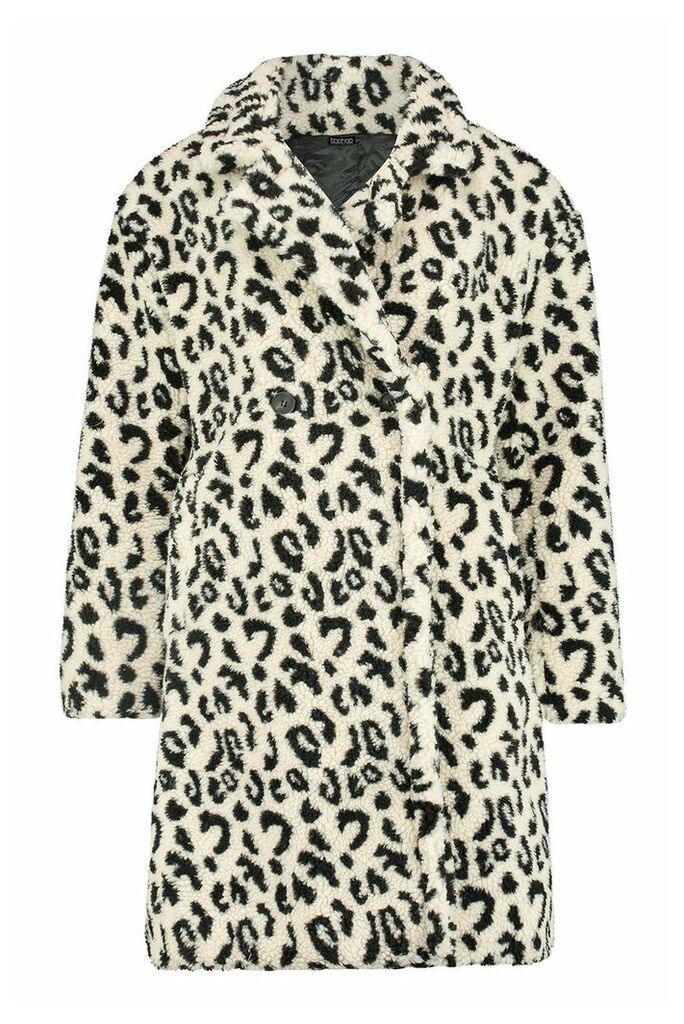 Womens Leopard Printed Teddy Fur Coat - beige - L, Beige