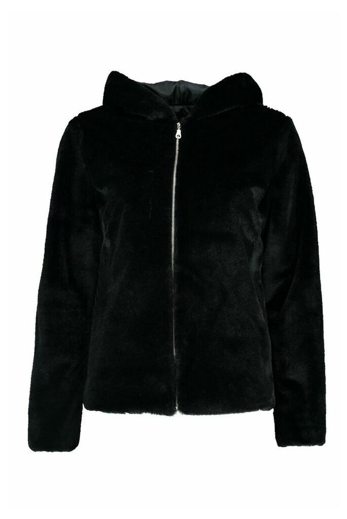 Womens Hooded Faux Fur Coat - black - 14, Black