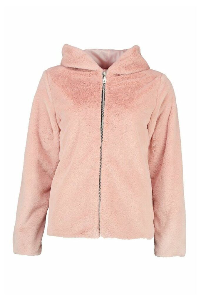 Womens Hooded Faux Fur Coat - pink - 12, Pink