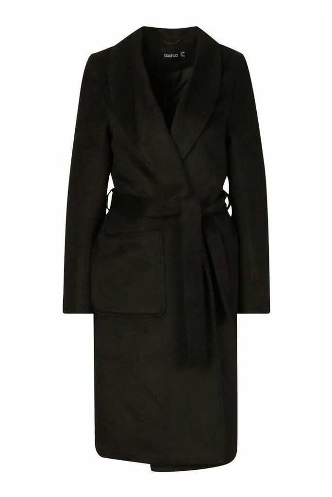Womens Brushed Wool Look dressing gown Coat - black - 10, Black
