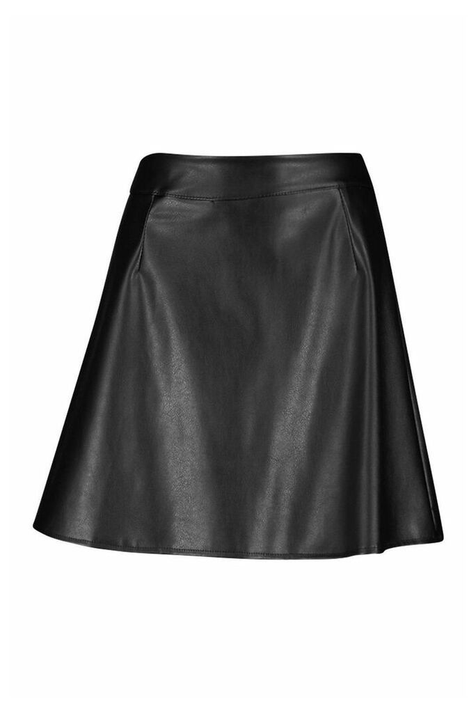 Womens Leather Look A Line Mini Skirt - black - 14, Black