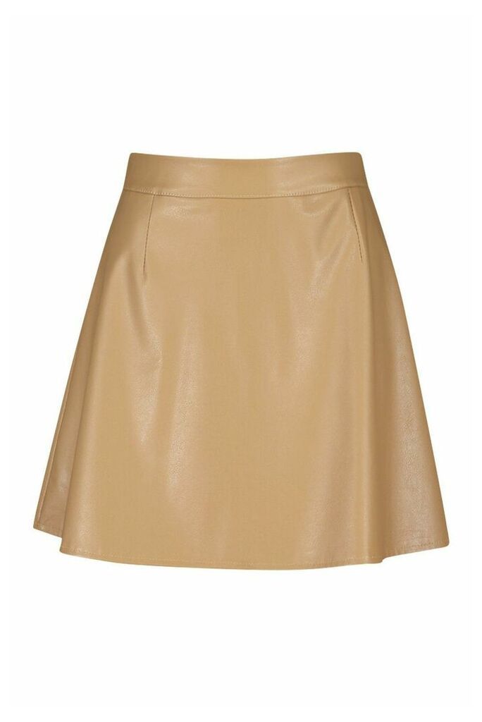 Womens Leather Look A Line Mini Skirt - beige - 14, Beige
